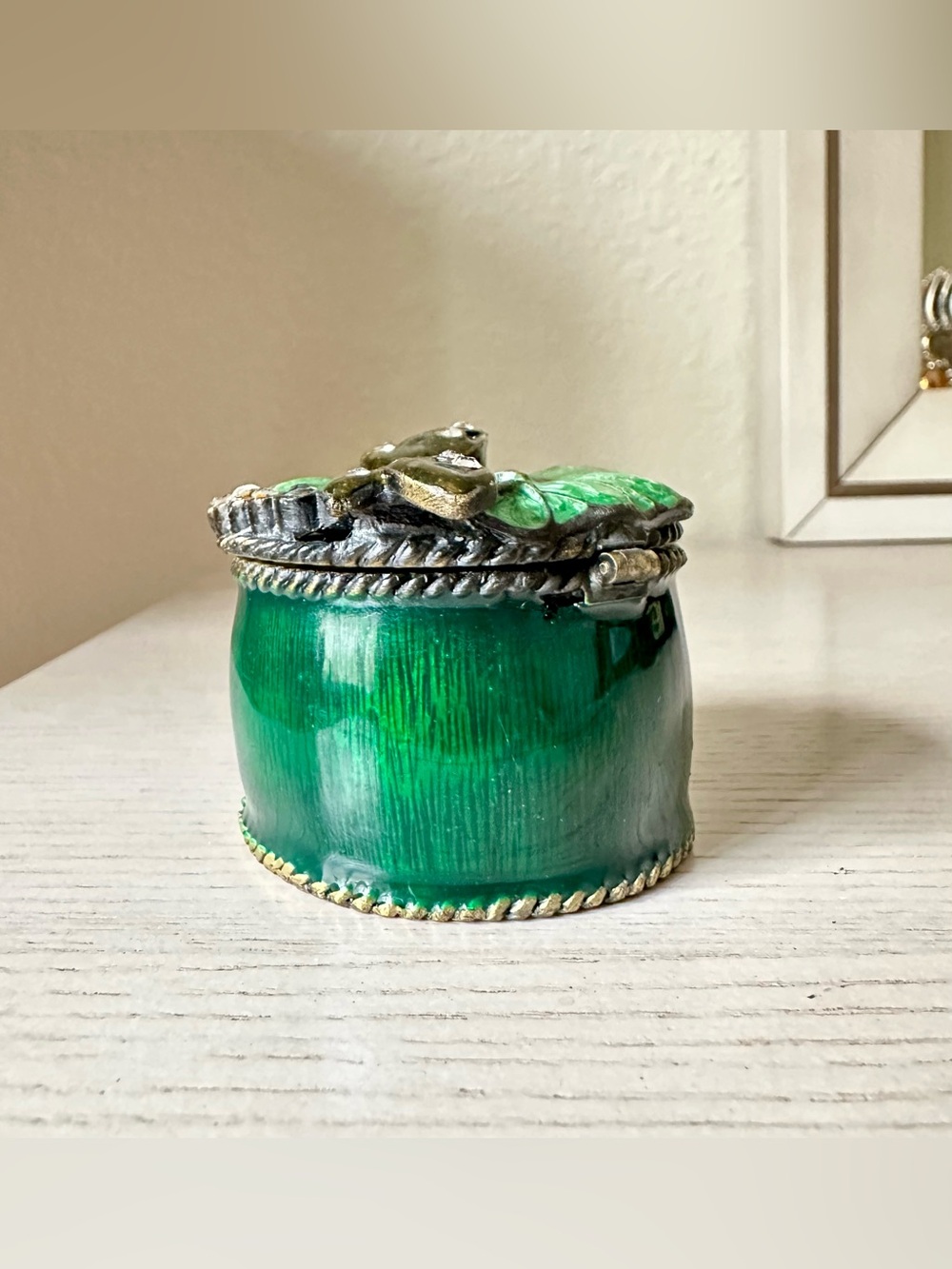 Vintage Rue Moliere Enameled Green Stamp Box Czech Crystal Dragonfly Trinket